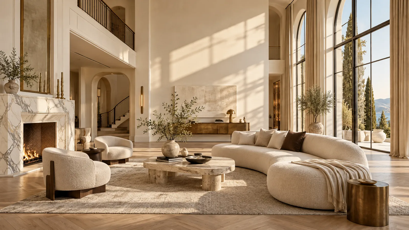 Luminous salon concept with curved ivory seating